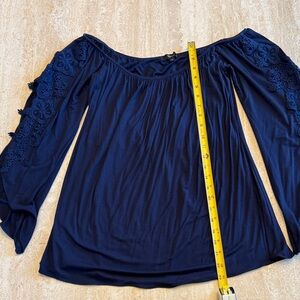 Sky Navy Off-Shoulder Blouse with Lace Sleeves